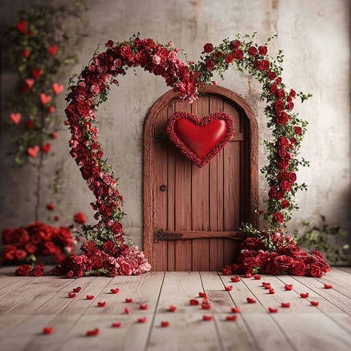 Valentine's Day backdrop with a red heart-shaped arch and flowers