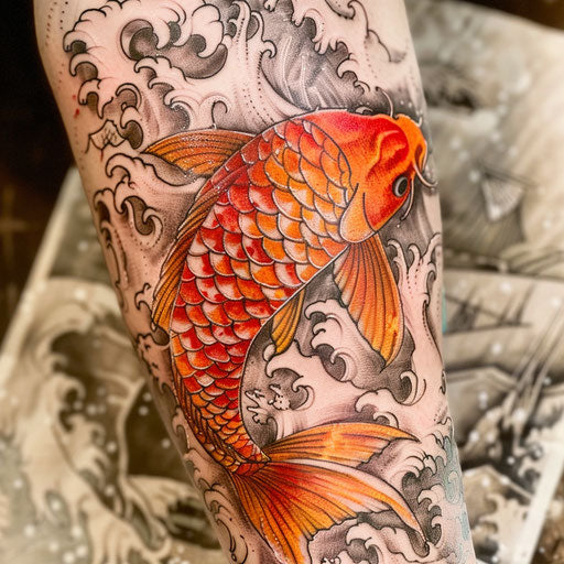 Koi fish in flames on white rice paper