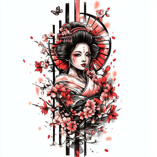 A beautiful clipart style flat yakuza back tattoo sketch of a geisha surrounded by sakura petals on a pure white background