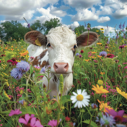 Farm animals amidst vibrant wildflowers