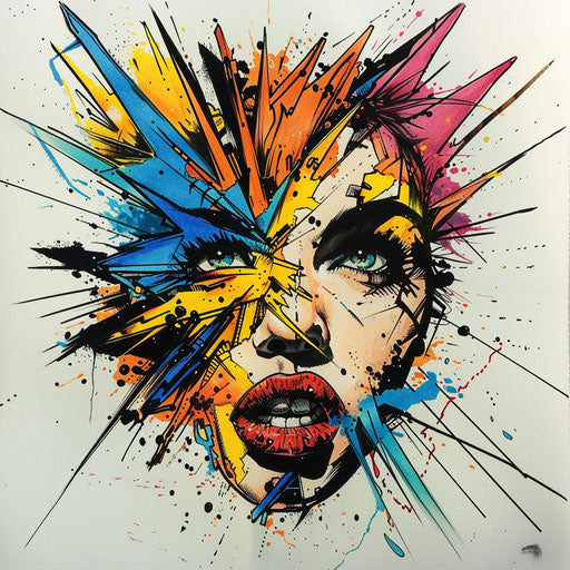 Flat pop art tattoo sketch with chaotic burst of colors in a comic style