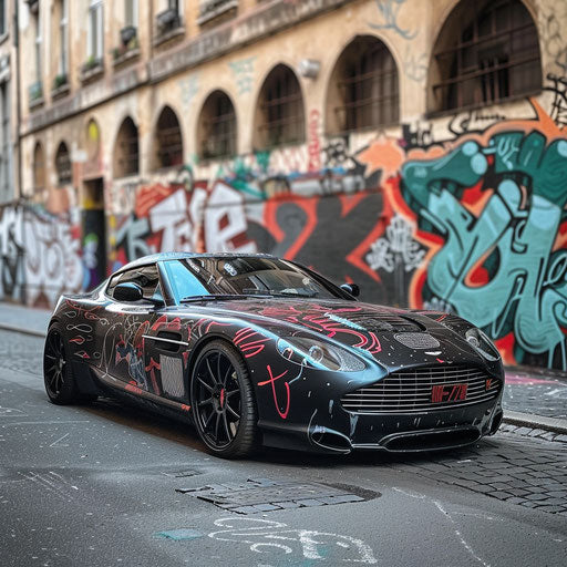 Aston Martin DB7 Zagato with custom graffiti art wrap