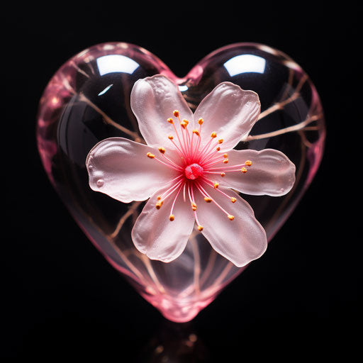 Pink flower in glass heart, warmcore style, sleek and stylized