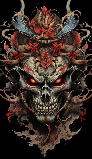 Japanese demon tattoo, Japan skull, Japanese head, Japanese anime skulls, Japanese skull, in the style of Aliza Razell, Dayak art 7:12