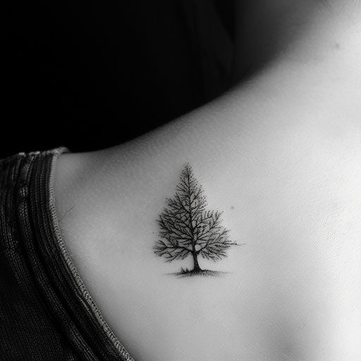 Minimalist black ink tattoo of tree on pure white background