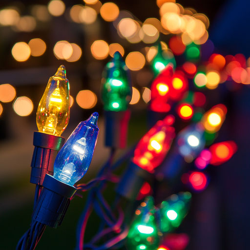 Warm glow of Christmas lights in traditional colors