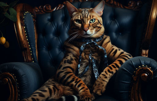 A Bengal cat sitting on an armrest in a primitive style