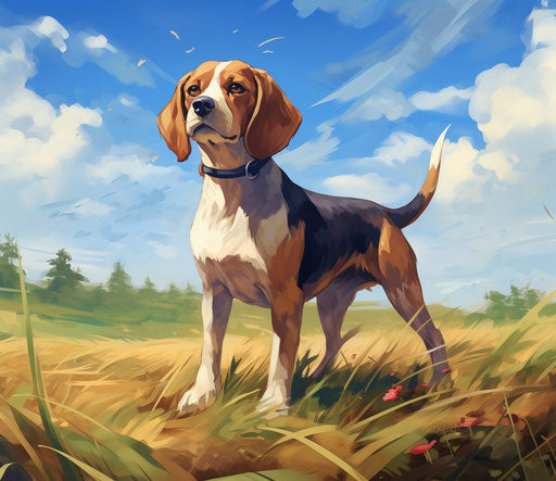 Beagle in a field in the middle of the day