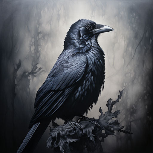 Raven in black smoke print on canvas, classic tattoo style