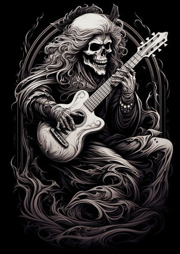 The grim reaper playing guitar on black and white illustration