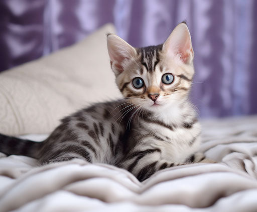 Bengal Kitten on Bed, Light Gray and Blue Style