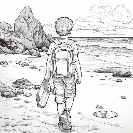 Boy with a bag on the beach coloring page, Nikon D750 style