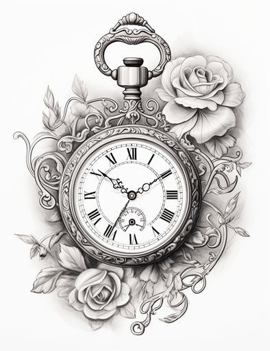 Pocket watch tattoo free vector art, roz chast style, baroque chiaroscuro, blink-and-you-miss-it detail, grisaille, adox silvermax, pencil sketch, late 19th century 43:56