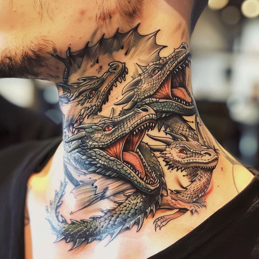 Neck tattoo of epic fantasy dragons, in the style of Peter Jackson