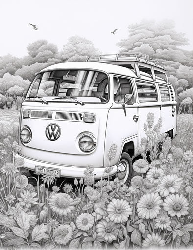 VW van decorated for summer camp, detailed ink work, flower power