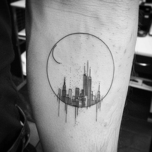 Flat tattoo sketch of a circle with minimalist city skyline cutout