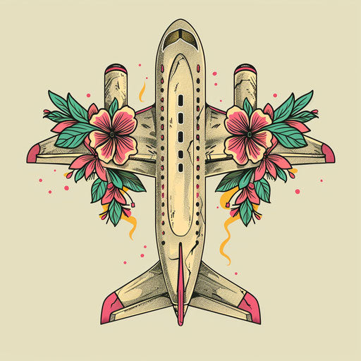 Decorative flat tattoo sketch of a plane with floral wings