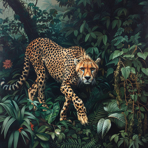 A cheetah navigating through a lush jungle