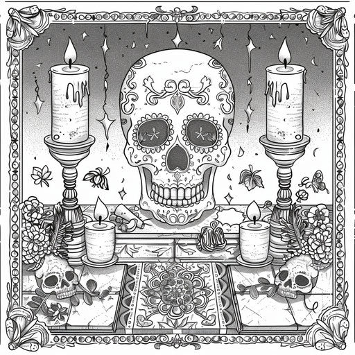 Day of the Dead altar with candles and sugar skulls