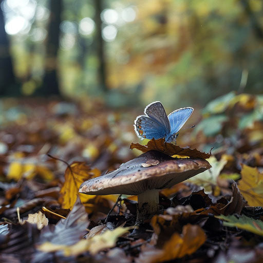 Autumn forest with blue butterfly on mushroom