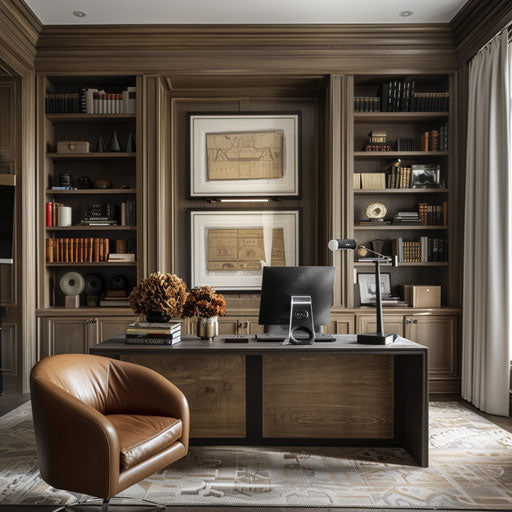 Stylish home office with large desk and bookshelves