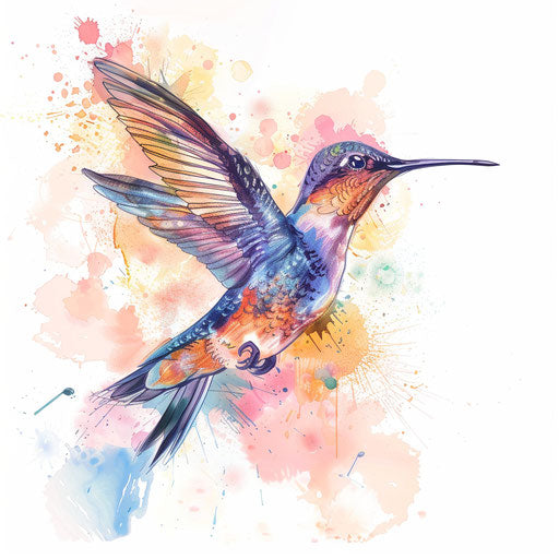 Soft watercolor clipart style flat tattoo sketch of a hummingbird in flight