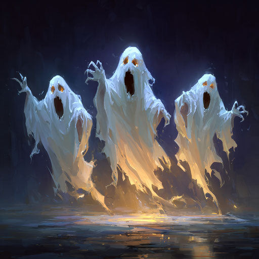 Spooky Halloween Scene with Three Ghostly Figures