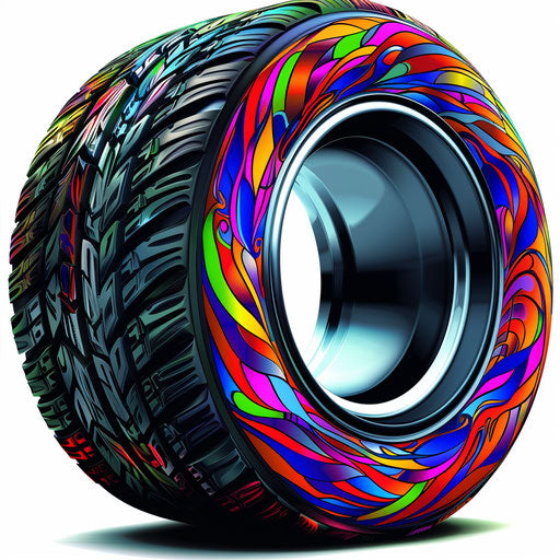 Realistic tire on white backdrop, vibrant colors and intricate designs