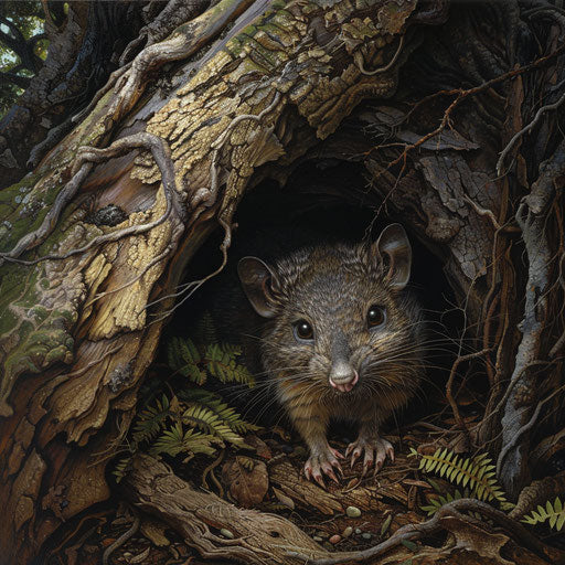 A curious antechinus peeking from under fallen log in dense woodland