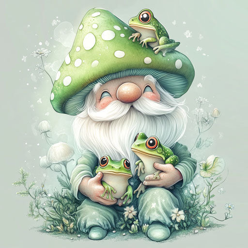 Cute green mushroom gnome with baby frogs, colorful pastel rainbow art