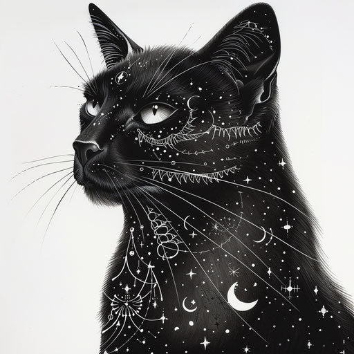 Black cat with gothic, mystical symbols and moons on white
