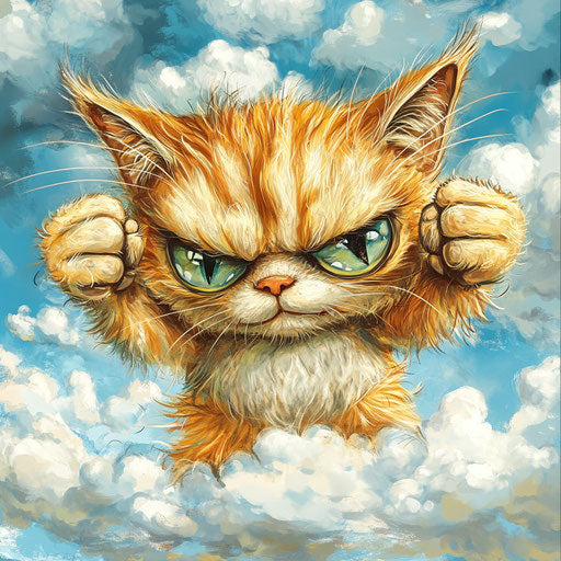 Humorous caricature of a cute cat with human characteristics