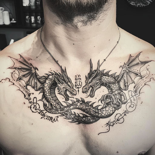 Fantasy collarbone tattoo with dragons and mystical runes