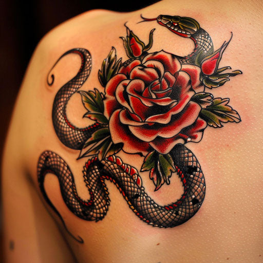 Rose tattoos for men in the style of Ed Hardy with intertwined rose and snake