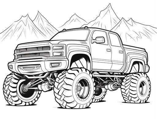 Free monster truck coloring pages, flowing silhouettes style, captivating, auto body works, konica big mini, white and orange, line drawings 31:24