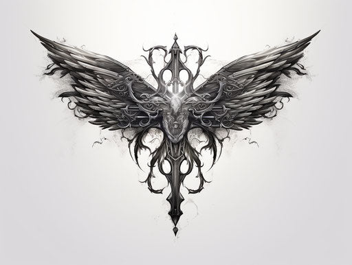 Cross tattoo with wings and feathers, silver white style