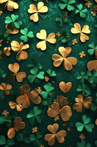 3D green and gold shamrocks, glitter background, St. Patrick's Day theme, digital art