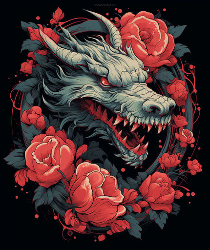 Dragon in red roses, oriental style, dracopunk 47:56