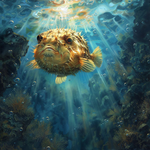 Puffer fish in crystal-clear waters with sunbeams breaking through