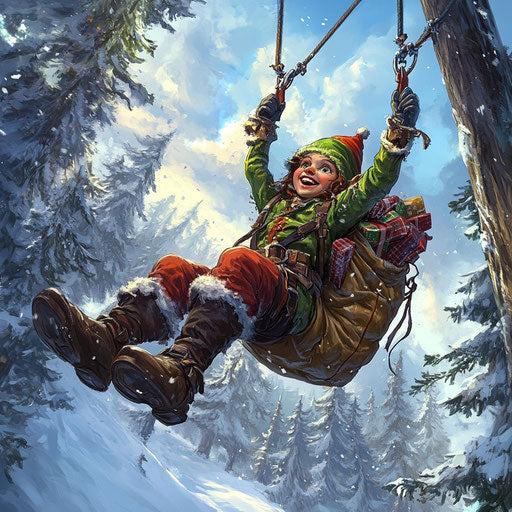 An adventurous elf zip-lining between snowy trees, a sack of gifts strapped to his back.