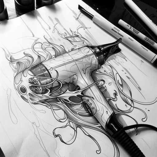 Dynamic flat sketch of a hair dryer and styling products in motion