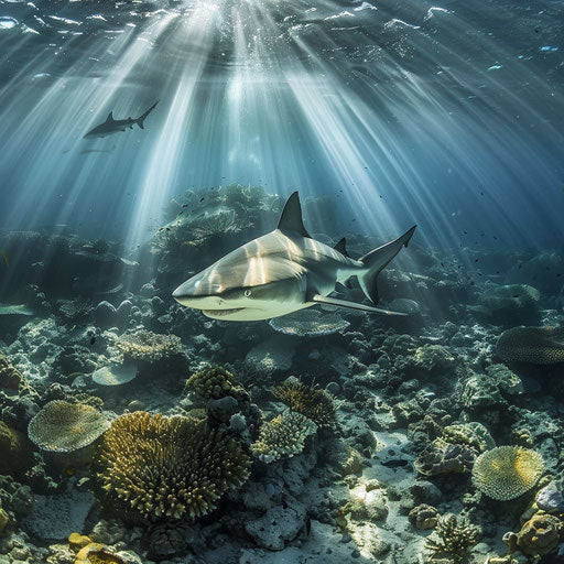 Bull shark patrolling reef with dramatic light beams