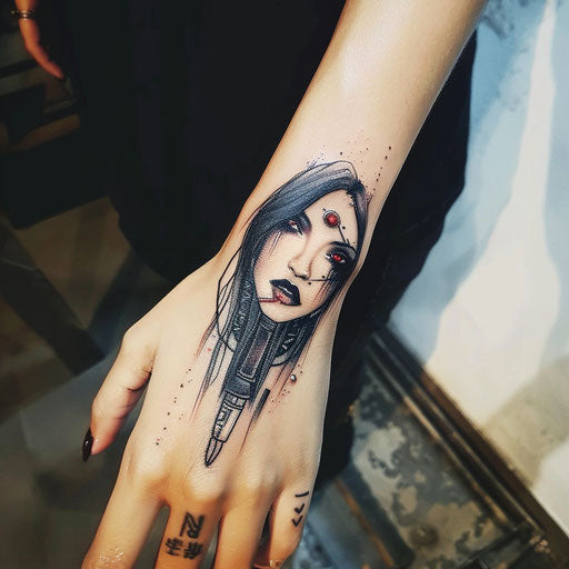 Wrist tattoos for women with cyberpunk motifs