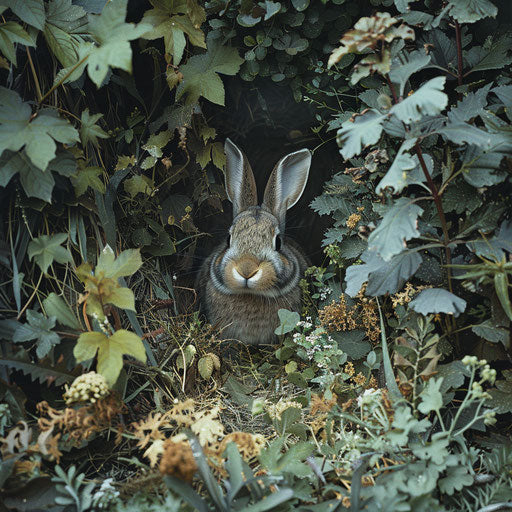 Wild rabbit emerging from a burrow in a wild garden