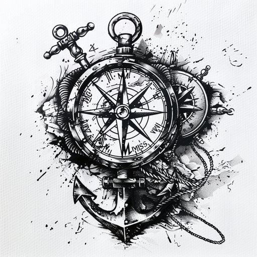 Vintage nautical black tattoo design, anchors and compass, on white