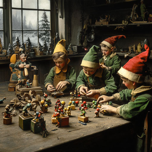 1930s toy workshop, elves hand-painting wooden toys for Christmas