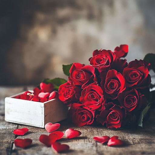 Bouquet of red roses with heart-shaped confetti