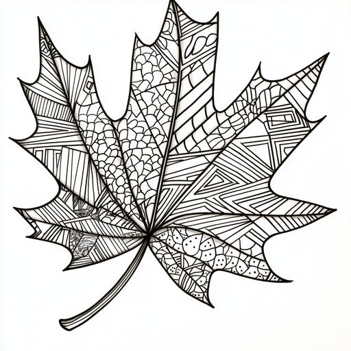 Stylized maple leaf with geometric patterns, coloring book style