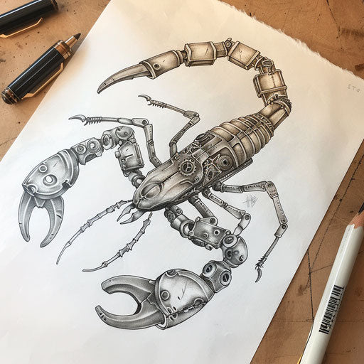 Steampunk scorpion tattoo design with gears on white paper