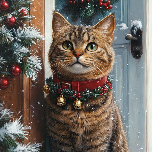 A cat waits by the door with festive jingle bell collar